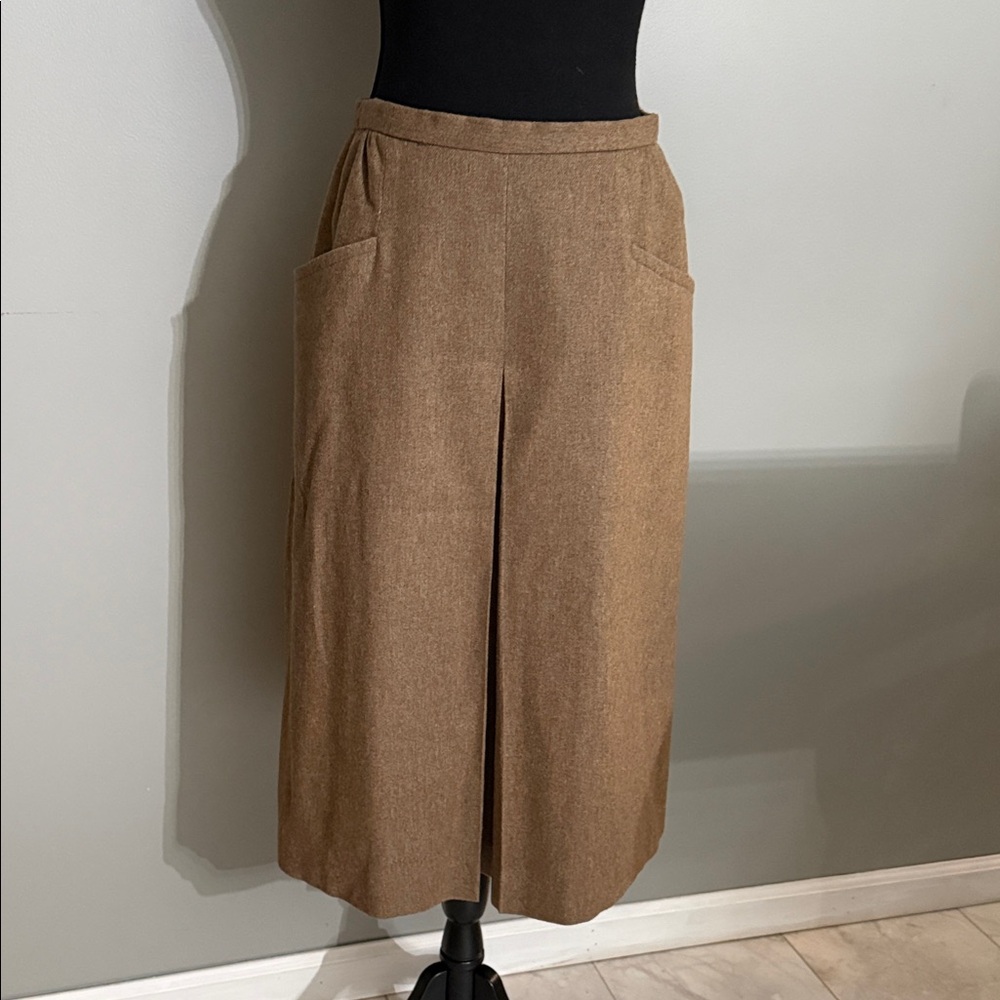 Vintage Halston lll Heritage Tan Wool Midi Skirt